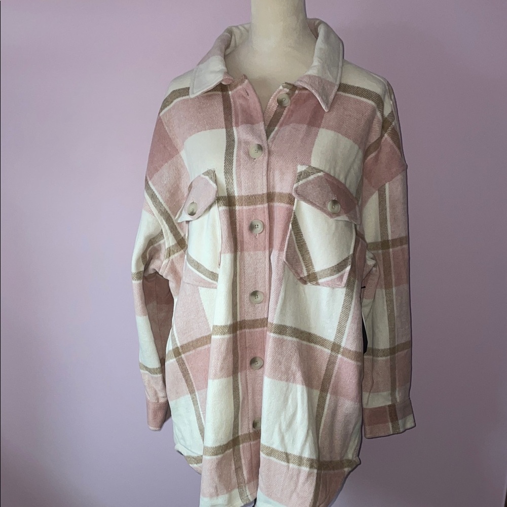 Black Tape Pink and White Plaid Shirt Jacket